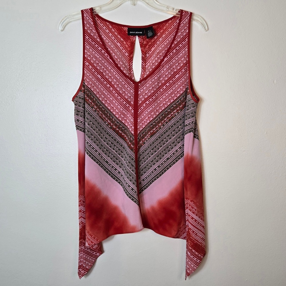 DKNY Jeans Womens Red Geometric Chevron Handkerchief Hem Sleeveless Blouse Sz‎ L